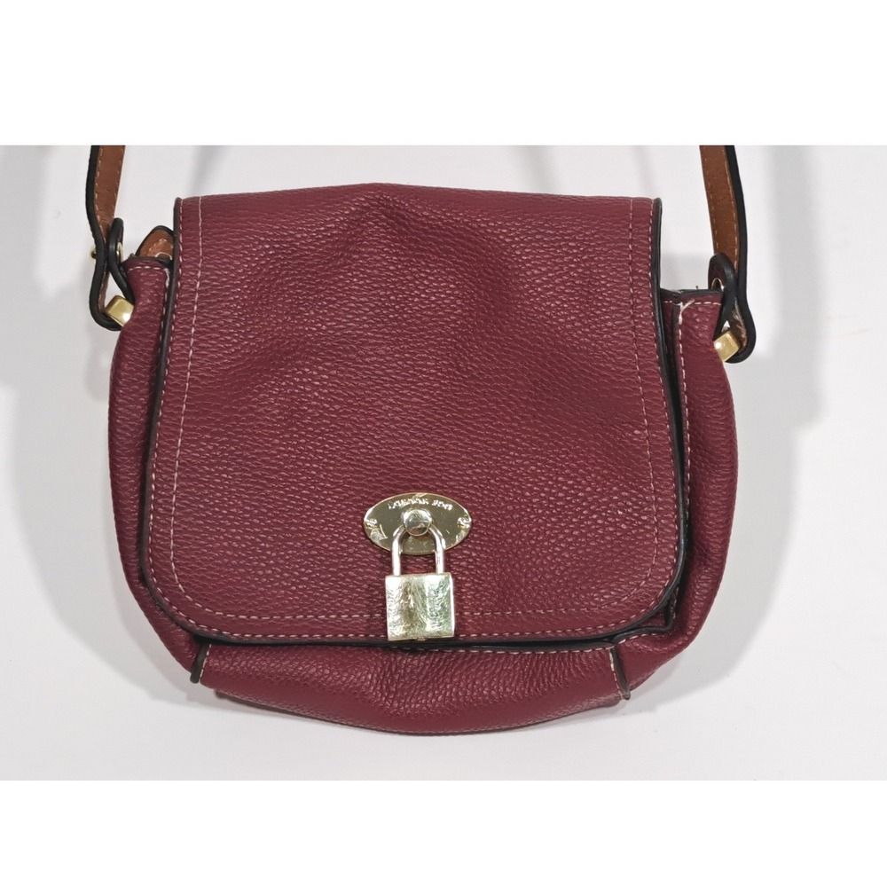 London Fog Burgundy Pebbled Faux Leather Crossbody Saddle Bag with Gold Padlock